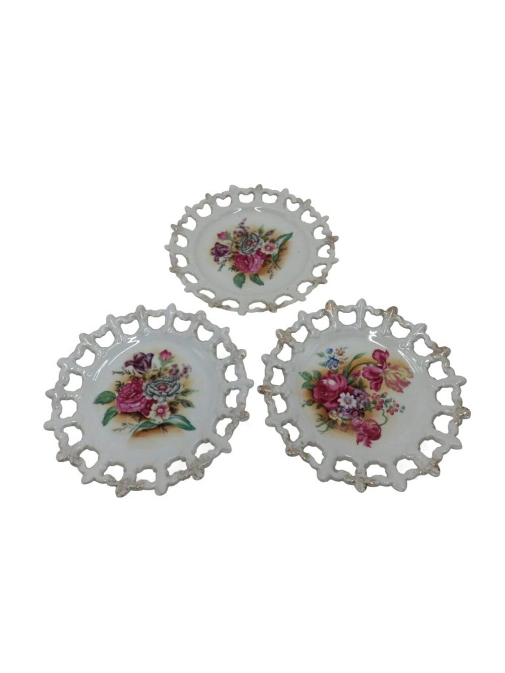 Vintage ESD Japan Pierced Floral Porcelain Plates Gold Trim Set of 3